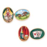 A PAIR OF NOVELTY ENAMEL CUFFLINKS depicting cards, drinks, a horse and jocket and gaiety girl,