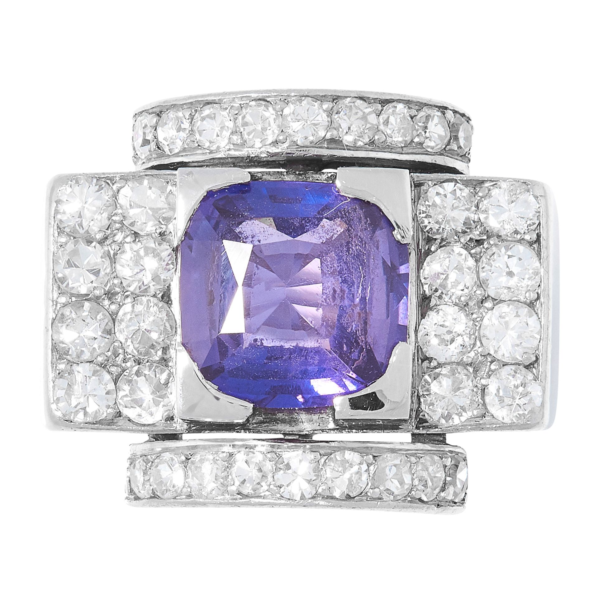 3.20 CARAT UNHEATED VIOLET SAPPHIRE AND DIAMOND RING set with a cushion cut violet sapphire and