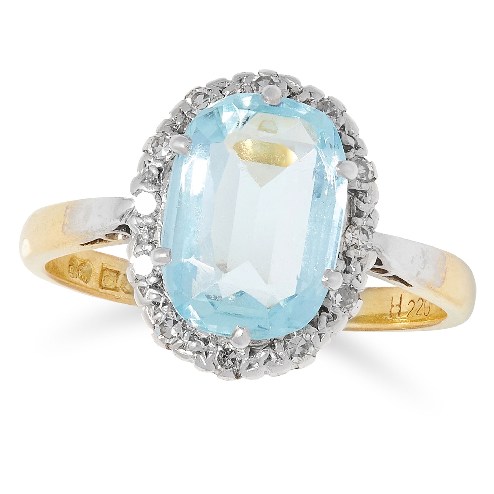 AQUAMARINE AND DIAMOND CLUSTER RING set with an oval cut aquamarine of approximately 2.42 carats