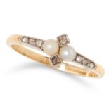 ANTIQUE PEARL AND DIAMOND RING set with two pearls and rose cut diamonds, size M / 6, 1.8g.
