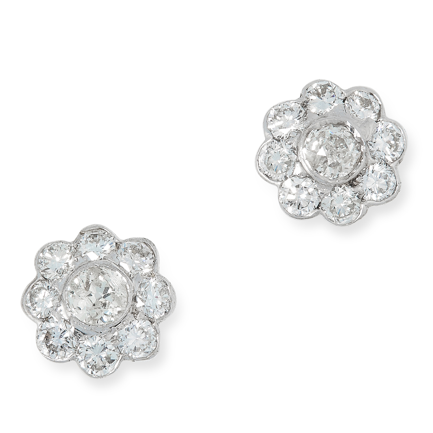 DIAMOND CLUSTER EARRINGS set with round cut diamonds totalling approximately 1.64 carats, 3.3g.