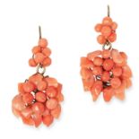 ANTIQUE CORAL EARRINGS in grape vine design set with polished coral, 3.5cm, 4.4g.