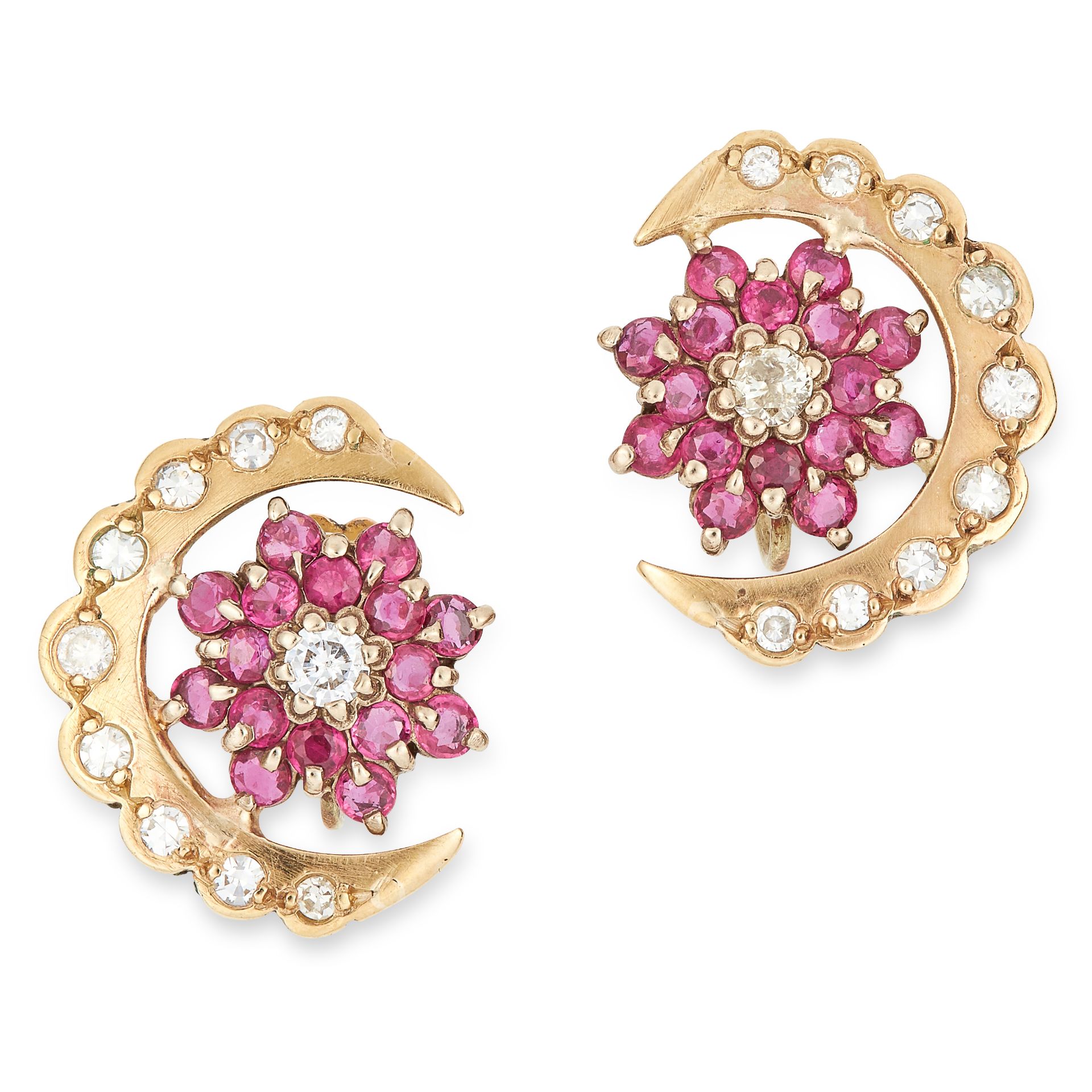 RUBY AND DIAMOND CRESCENT MOON EARRINGS set with round cut rubies and diamonds, 1.9cm, 5.4g.