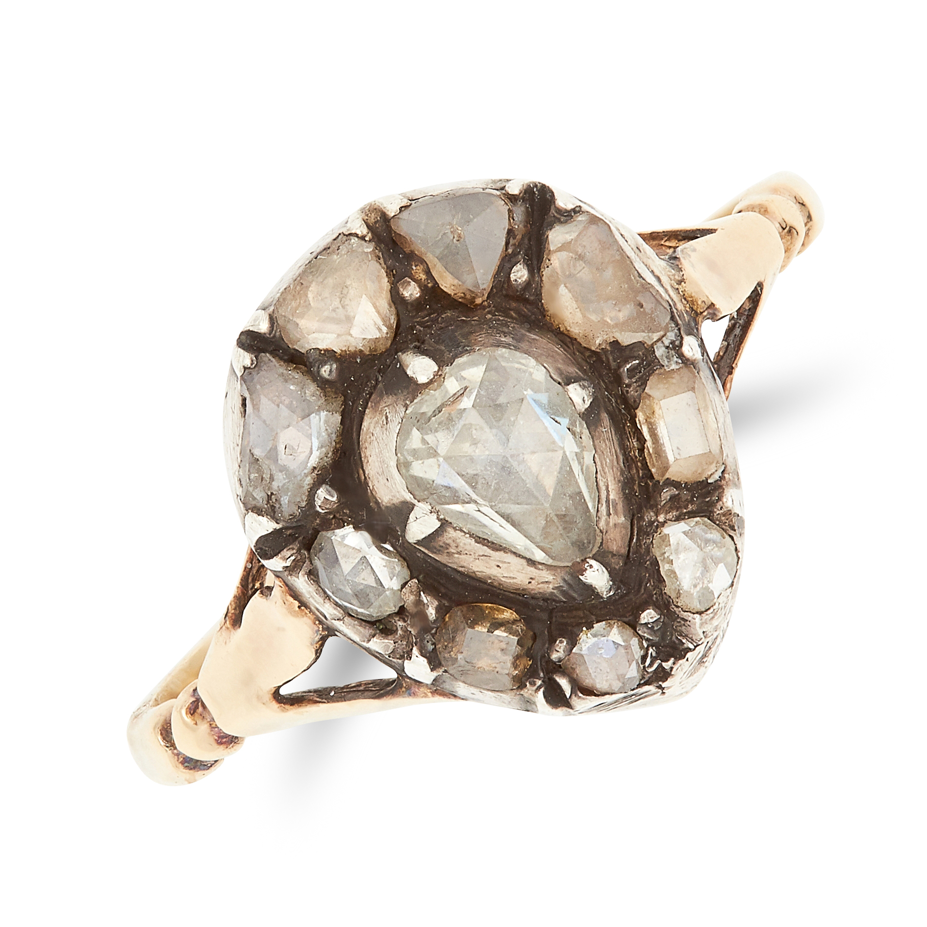 ANTIQUE GEORGIAN DIAMOND RING set with rose cut diamonds in foliate design, size M / 6, 2.3g.