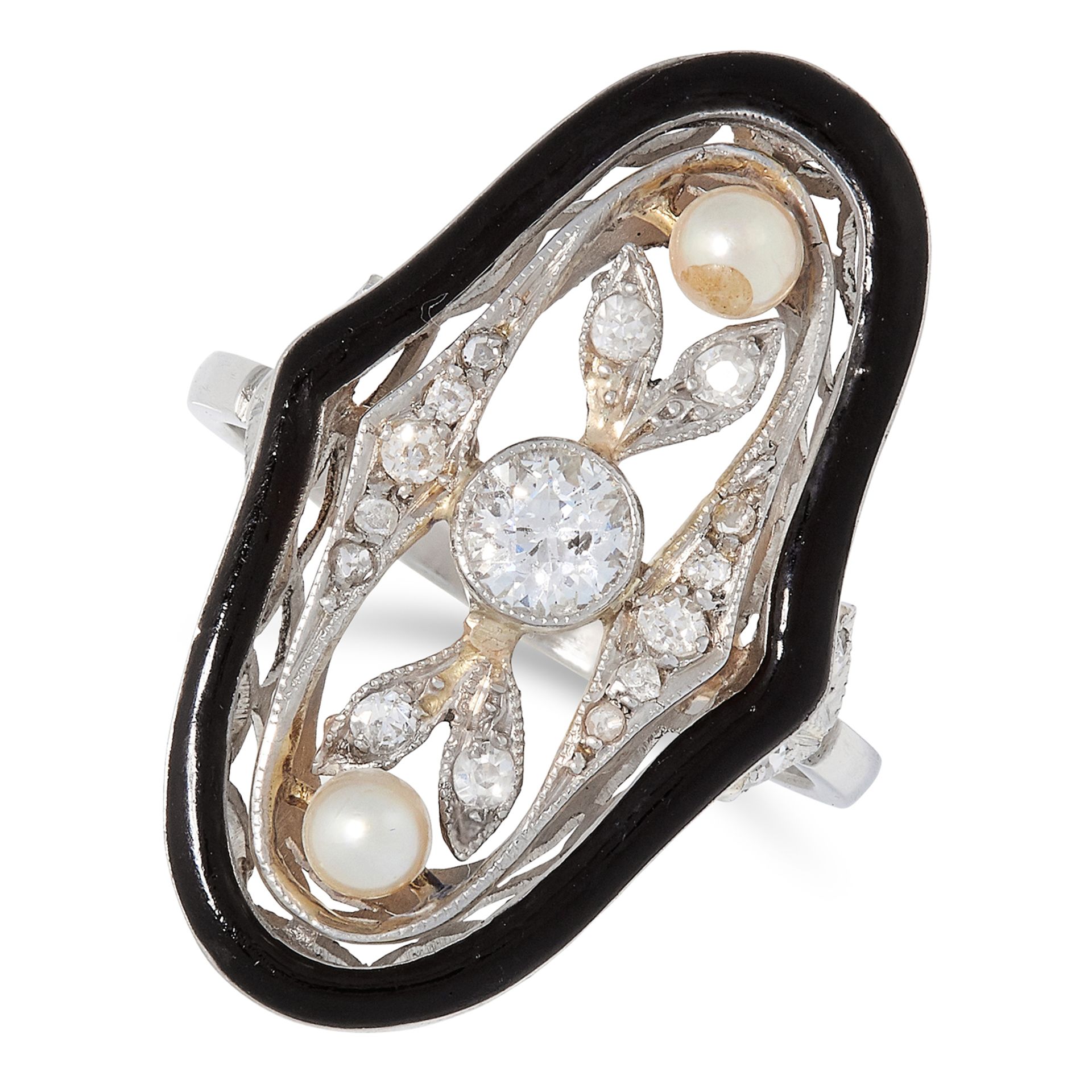 PEARL, DIAMOND AND ENAMEL RING the open framework is set with round cut diamonds, pearls and black