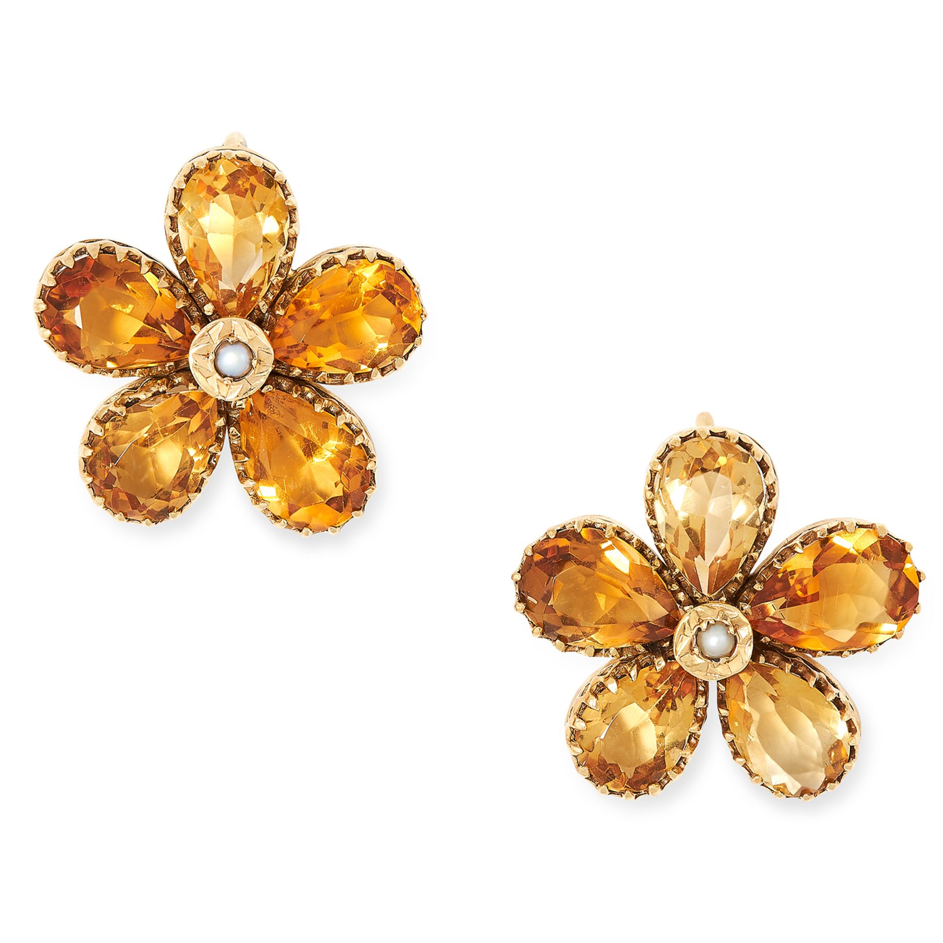CITRINE AND PEARL FLOWER EARRINGS each set with a pearl in a border of pear cut citrine, 2cm, 6g.
