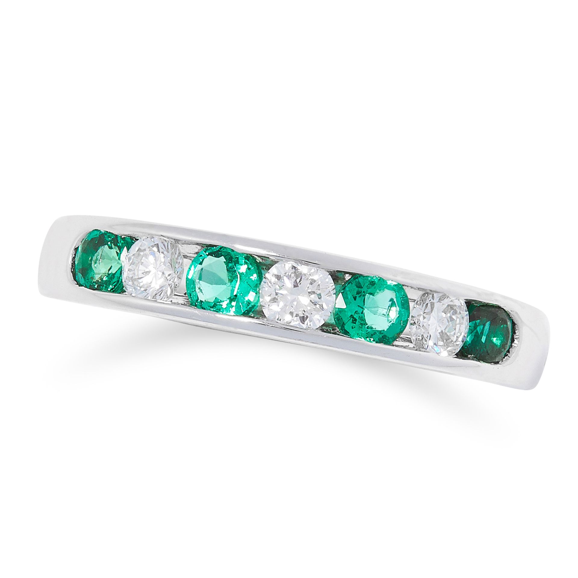 EMERALD AND DIAMOND HALF ETERNITY RING set with alternating round cut emeralds and diamonds, size