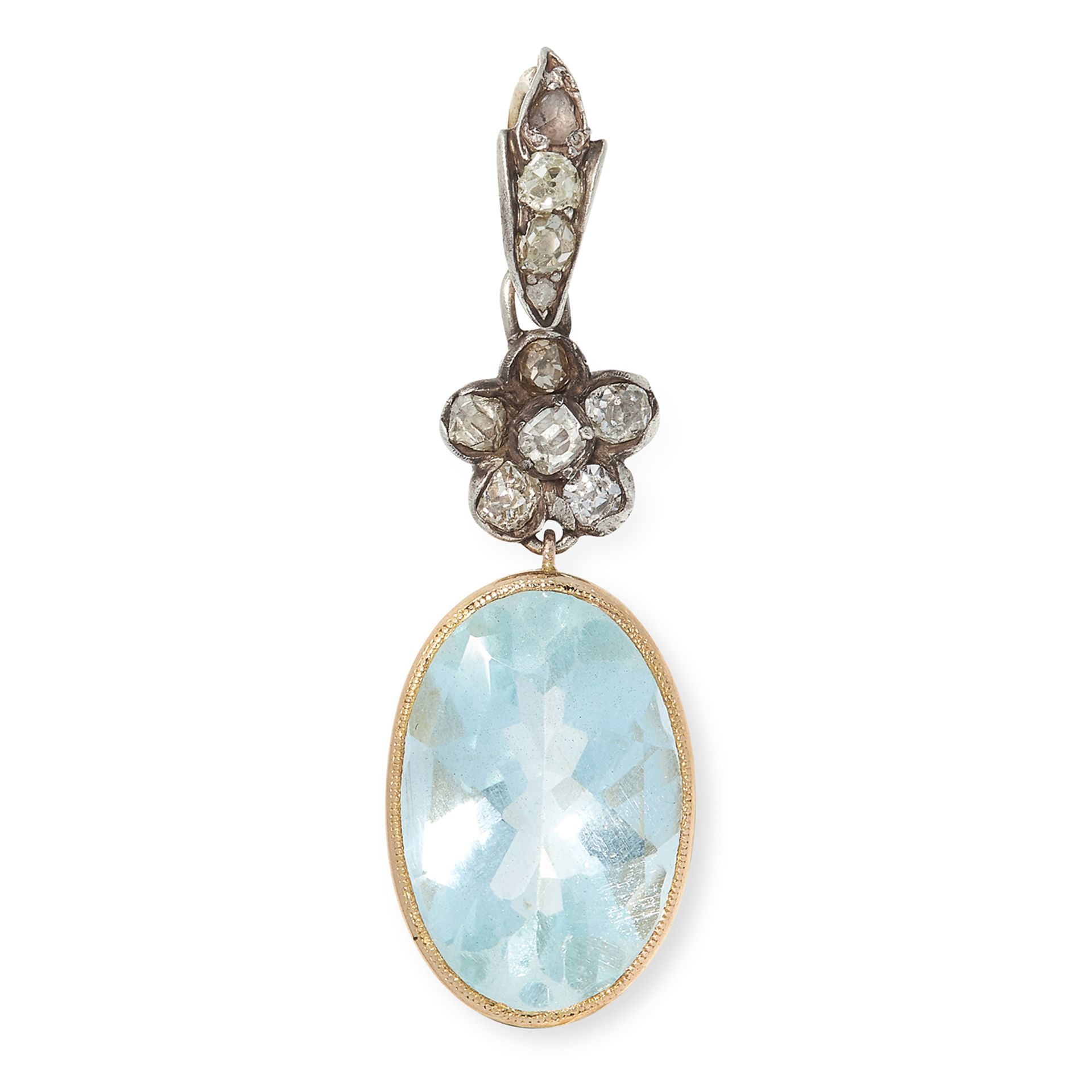 AQUAMARINE AND DIAMOND PENDANT set with an oval cut aquamarine of approximately 6.99 carats below