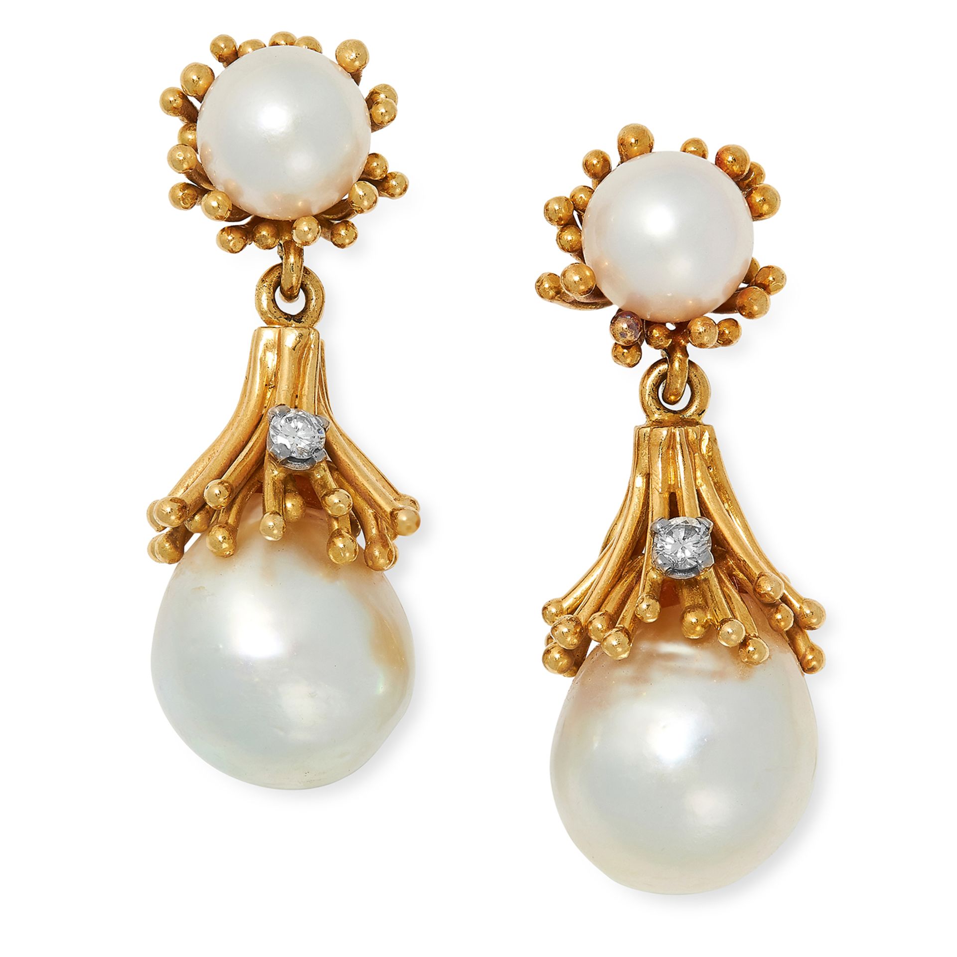 VINTAGE PEARL AND DIAMOND DROP EARRINGS, CIRCA 1970 each set with two pearls and a round cut