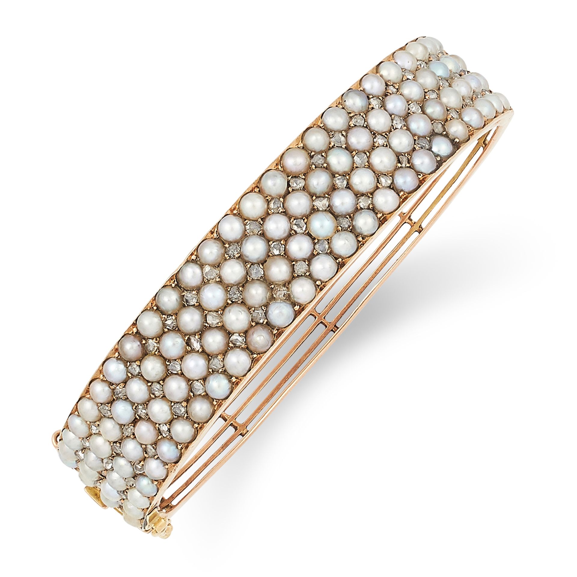 ANTIQUE PEARL AND DIAMOND BANGLE set with seed pearls and rose cut diamonds, 6cm inner diameter,