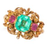 ANTIQUE GEORGIAN EMERALD AND RUBY RING set with an emerald cut emerald of 1.74 carats and two