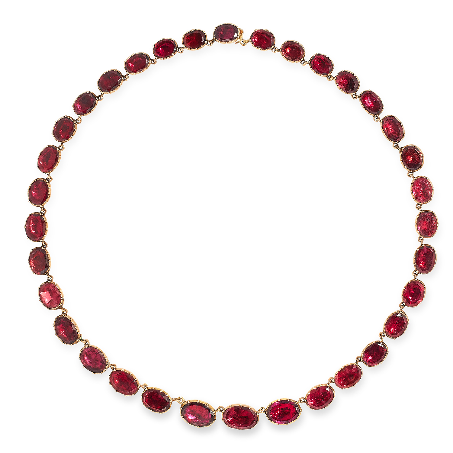 ANTIQUE VICTORIAN GARNET RIVIERA NECKLACE set with oval cut garnets, 39cm, 28.6g.