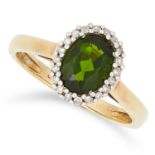 DIOPSIDE AND DIAMOND RING, set with an oval cut green diopside and round cut diamonds, size O / 7,