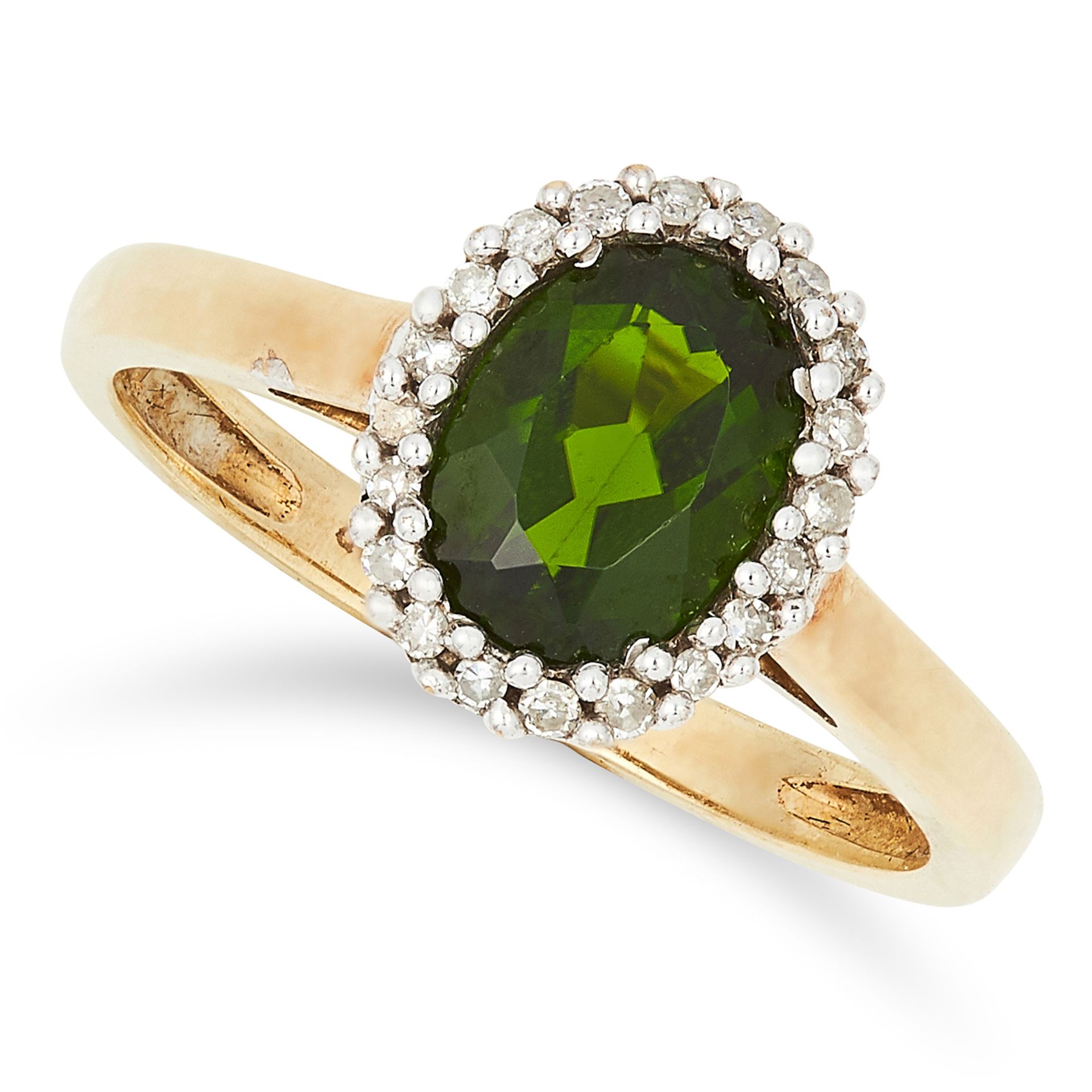 DIOPSIDE AND DIAMOND RING, set with an oval cut green diopside and round cut diamonds, size O / 7,