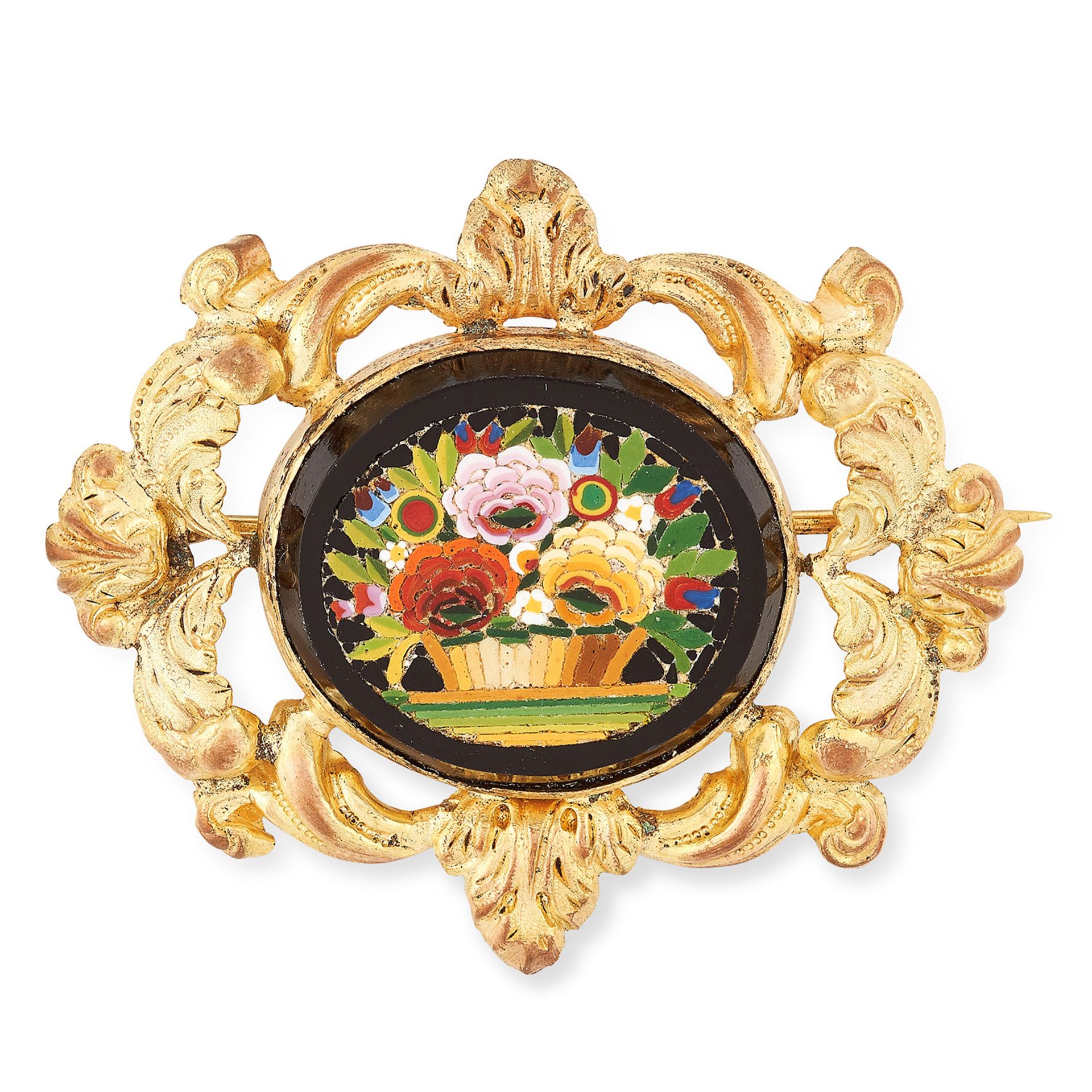 ANTIQUE MICRO MOSAIC BROOCH depicting a floral scene, 4.5cm, 7g.