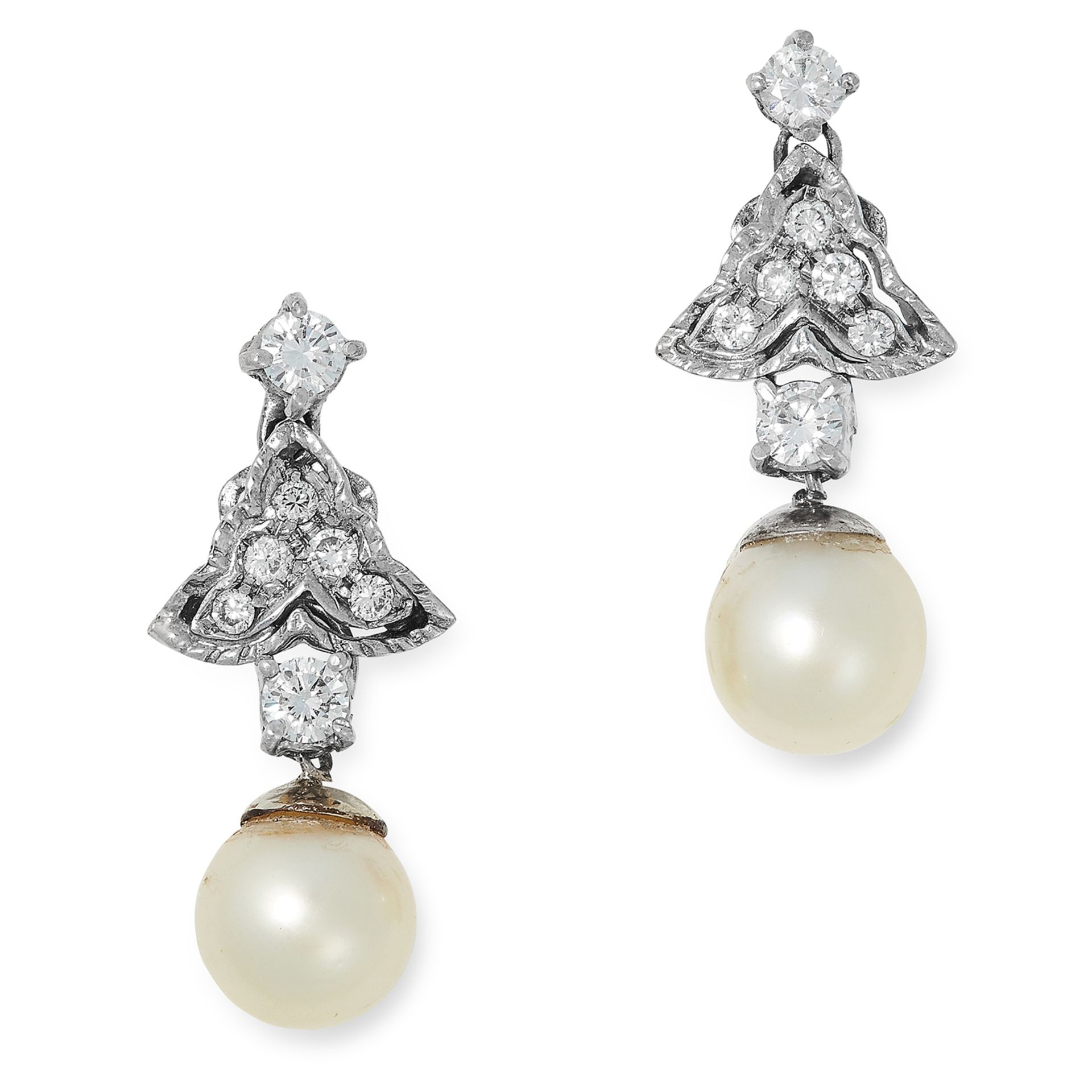 PEARL AND DIAMOND DROP EARRINGS each set with round cut diamonds and suspending a pearl drop, 2.5cm,