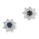 SAPPHIRE AND DIAMOND CLUSTER EARRINGS set with round cut sapphires and diamonds, 2.9g.