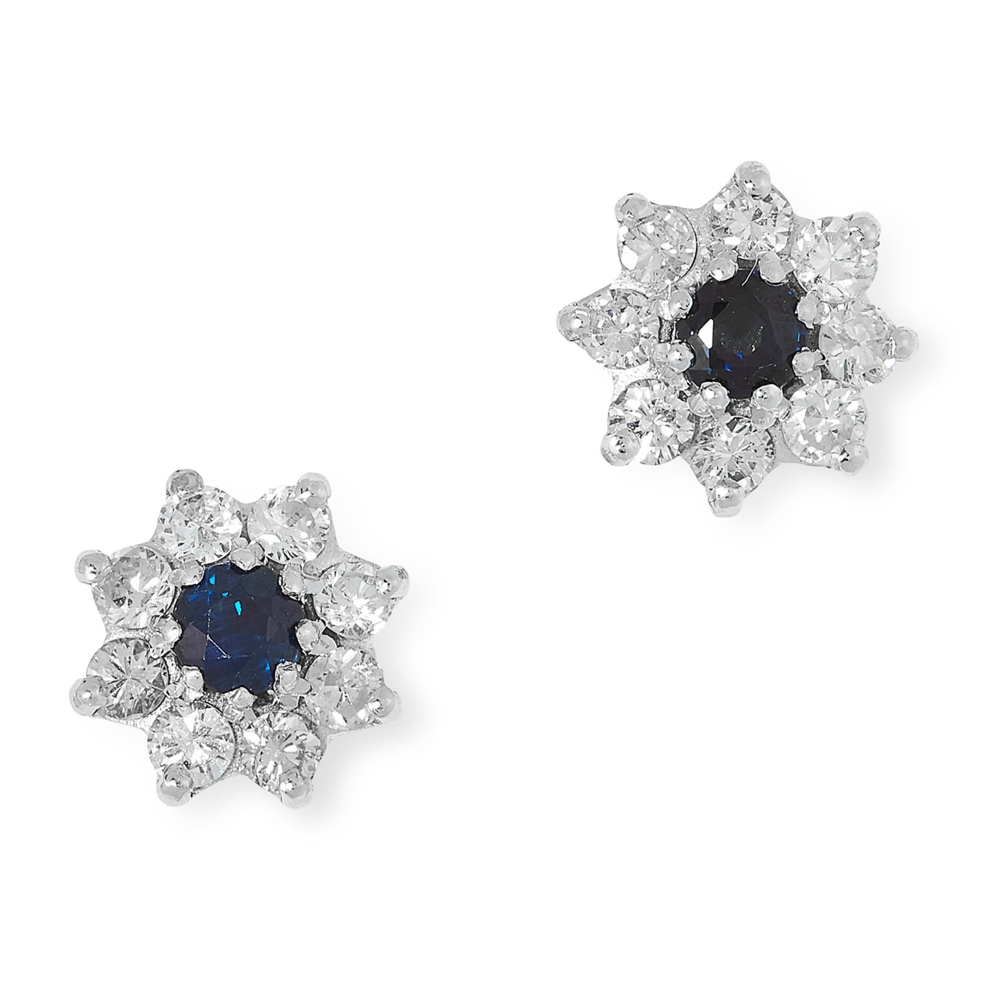 SAPPHIRE AND DIAMOND CLUSTER EARRINGS set with round cut sapphires and diamonds, 2.9g.