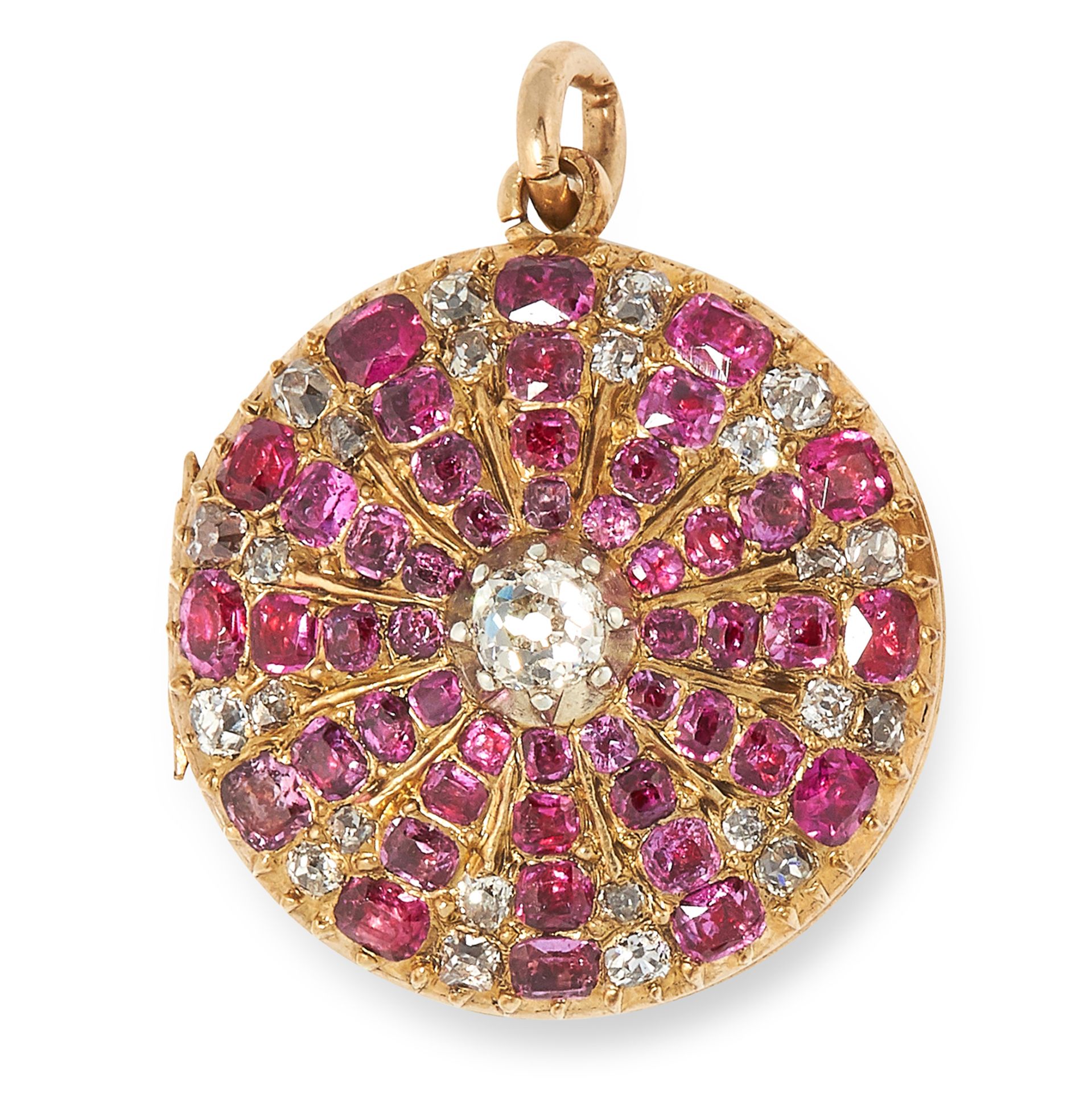 ANTIQUE RUBY AND DIAMOND MOURNING HAIRWORK PENDANT / LOCKET set with cushion cut rubies and old