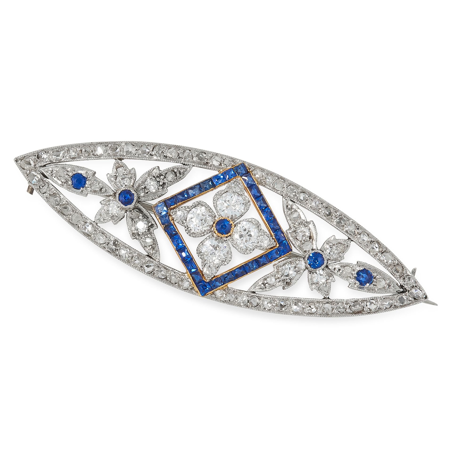 SAPPHIRE AND DIAMOND BROOCH in foliate design set with step and round cut sapphires and round and