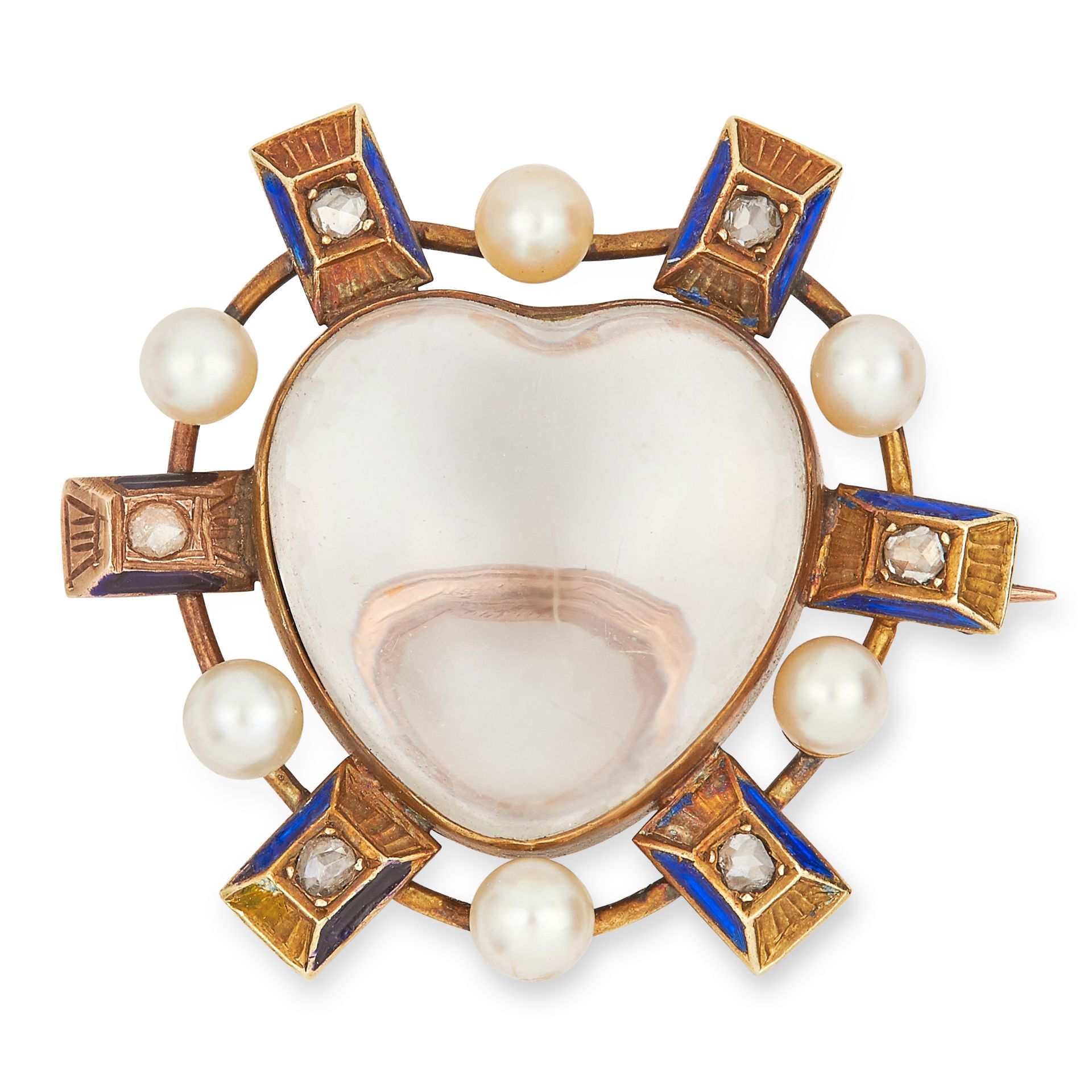 ANTIQUE PEARL, DIAMOND AND ENAMEL BROOCH set with a heart shaped rock crystal cabochon in a border