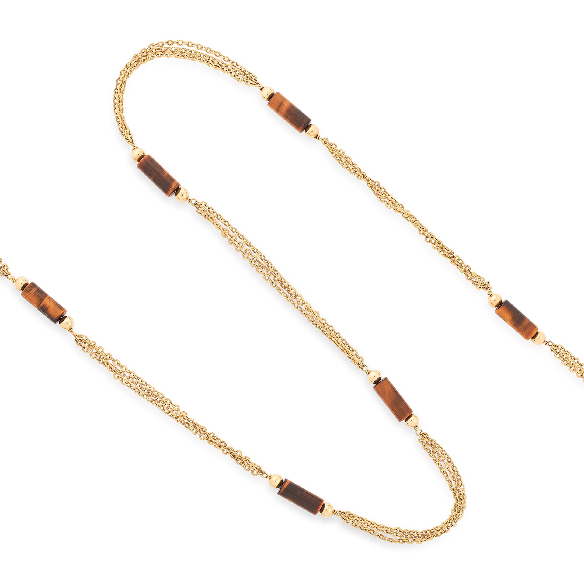 VINTAGE TIGERS EYE SAUTOIR NECKLACE set with polished batons of tigers eye, 87.2cm, 33.4g.