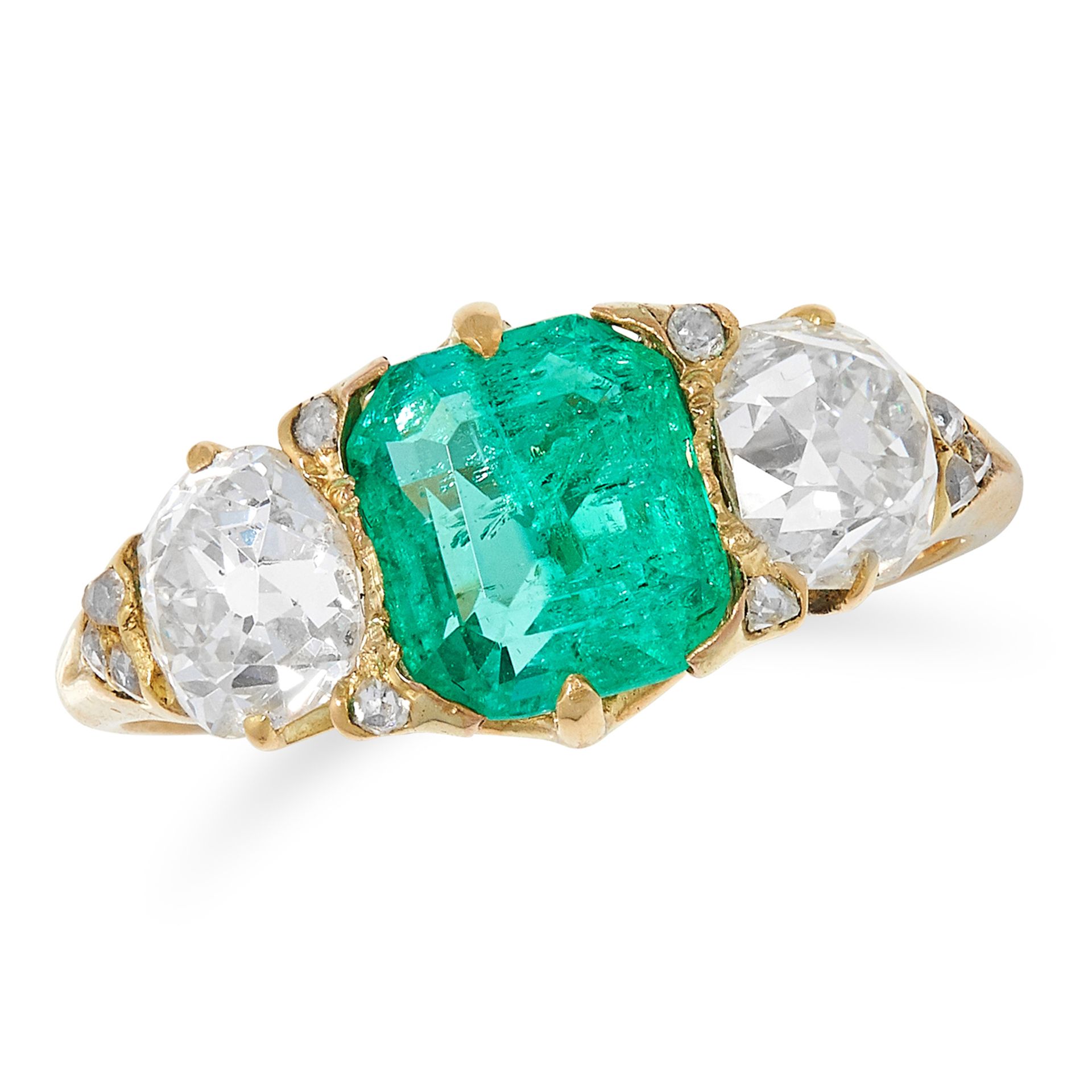 1.71 CARAT COLOMBIAN EMERALD AND DIAMOND THREE STONE RING set with an emerald cut emerald of 2.72