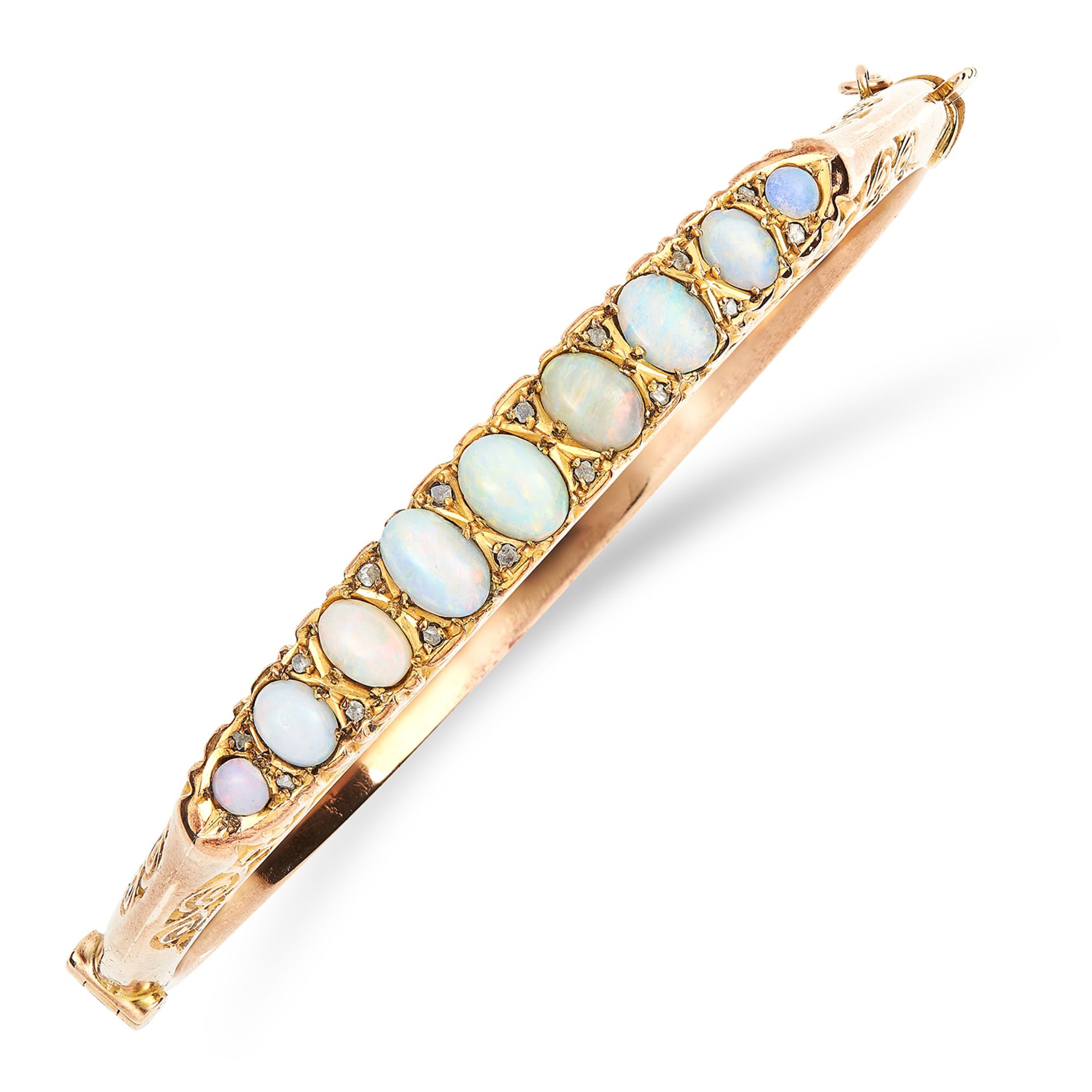 ANTIQUE VICTORIAN OPAL AND DIAMOND BANGLE set with cabochon opals and diamond sparks, 6cm inner