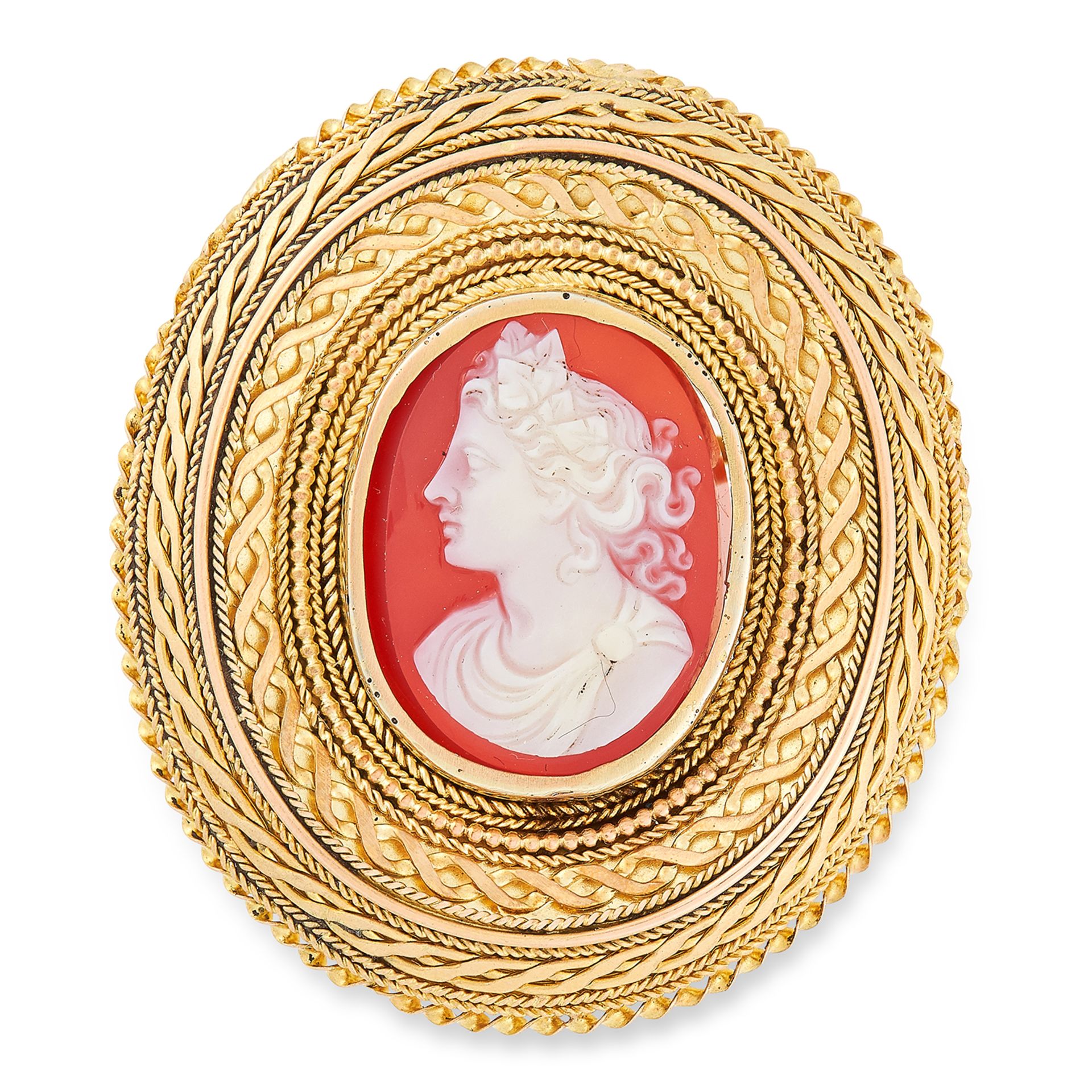 ANTIQUE CARVED CAMEO, GAUNT comprising of a carved cameo in gold border, 4cm, 13.4g.