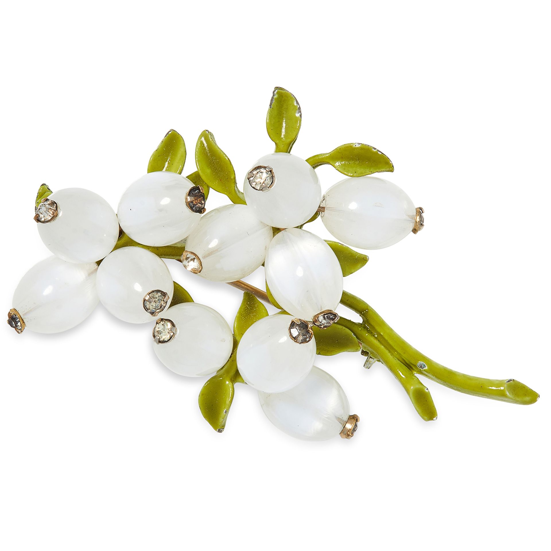 GEMSET ENAMEL MISTLETOE BROOCH set with enamel and white beads, 6cm, 12.2g.