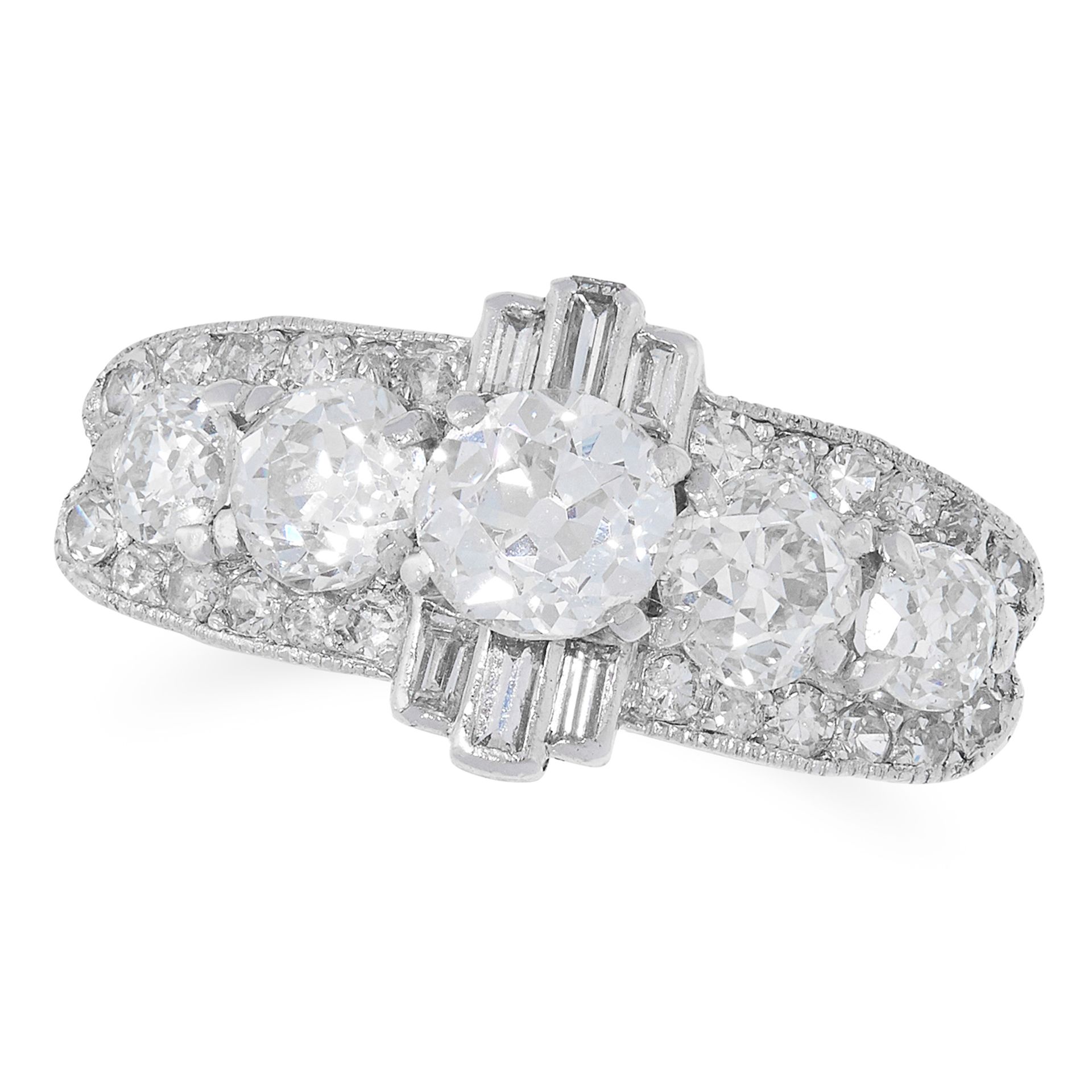 2.78 CARAT DIAMOND RING in Art Deco design set with old, round and baguette cut diamonds totalling