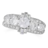 2.78 CARAT DIAMOND RING in Art Deco design set with old, round and baguette cut diamonds totalling