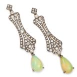 OPAL AND DIAMOND DROP EARRINGS each set with round cut diamonds suspending a cabochon opal drop, 4.