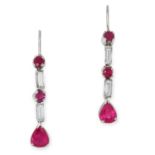 RUBY AND DIAMOND EARRINGS each set with alternating round and pear cut rubies and baguette cut