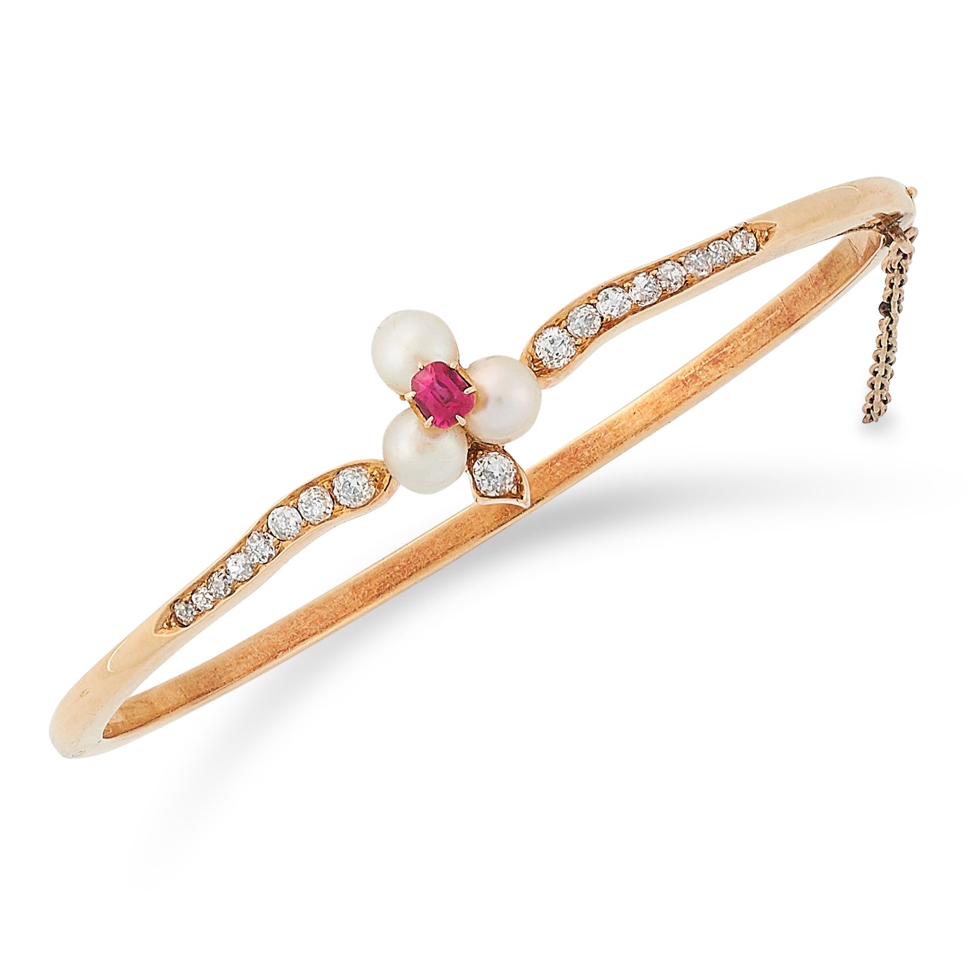 RUBY, DIAMOND AND PEARL BANGLE set with pearls, cushion cut ruby and round cut diamonds, 6cm inner