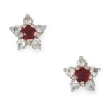 RUBY AND DIAMOND CLUSTER EARRINGS, MAPPIN & WEBB set with round cut rubies and diamonds, 1.6g.