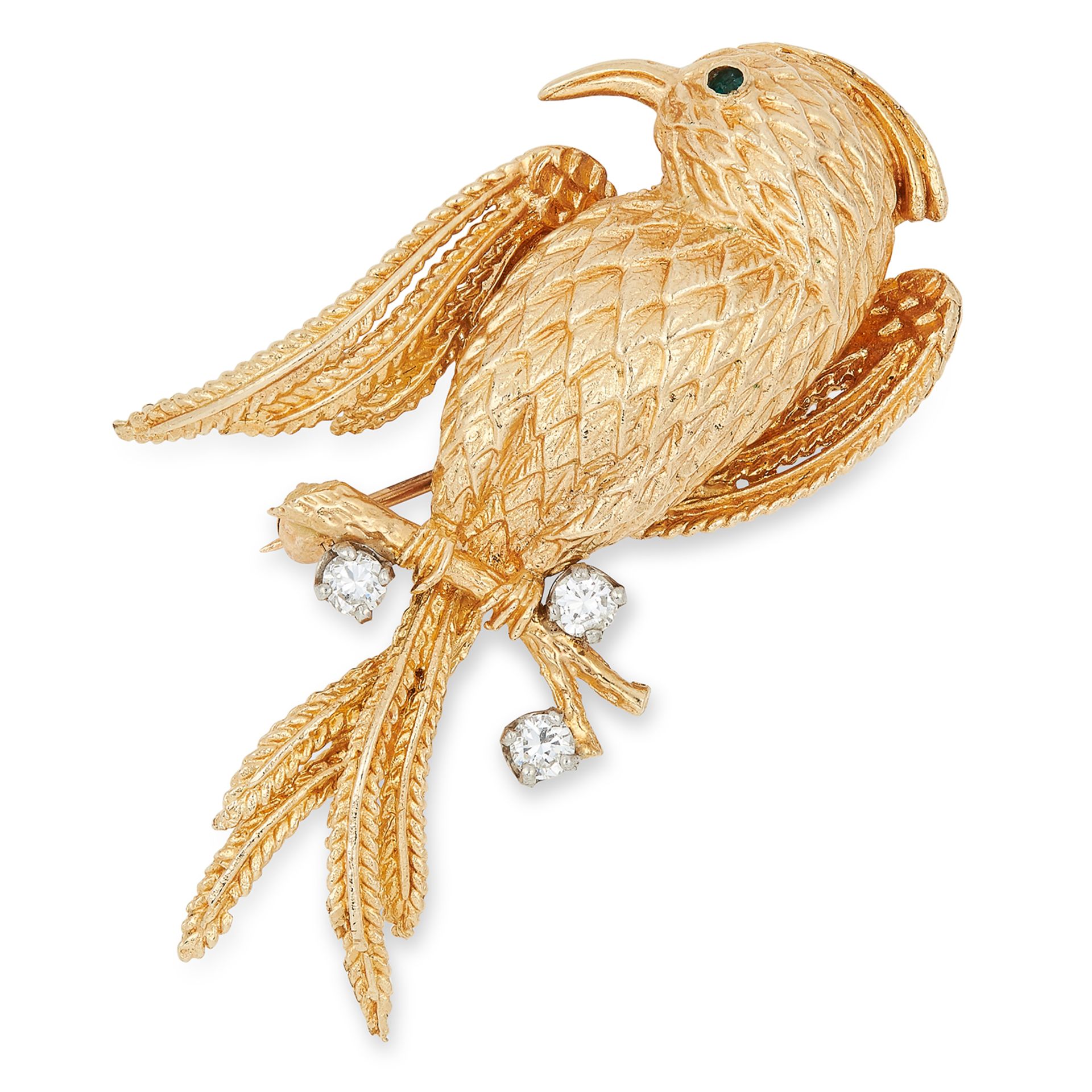 GEMSET BIRD BROOCH, set with round cut diamonds and a green gemstone, 5cm, 9g.