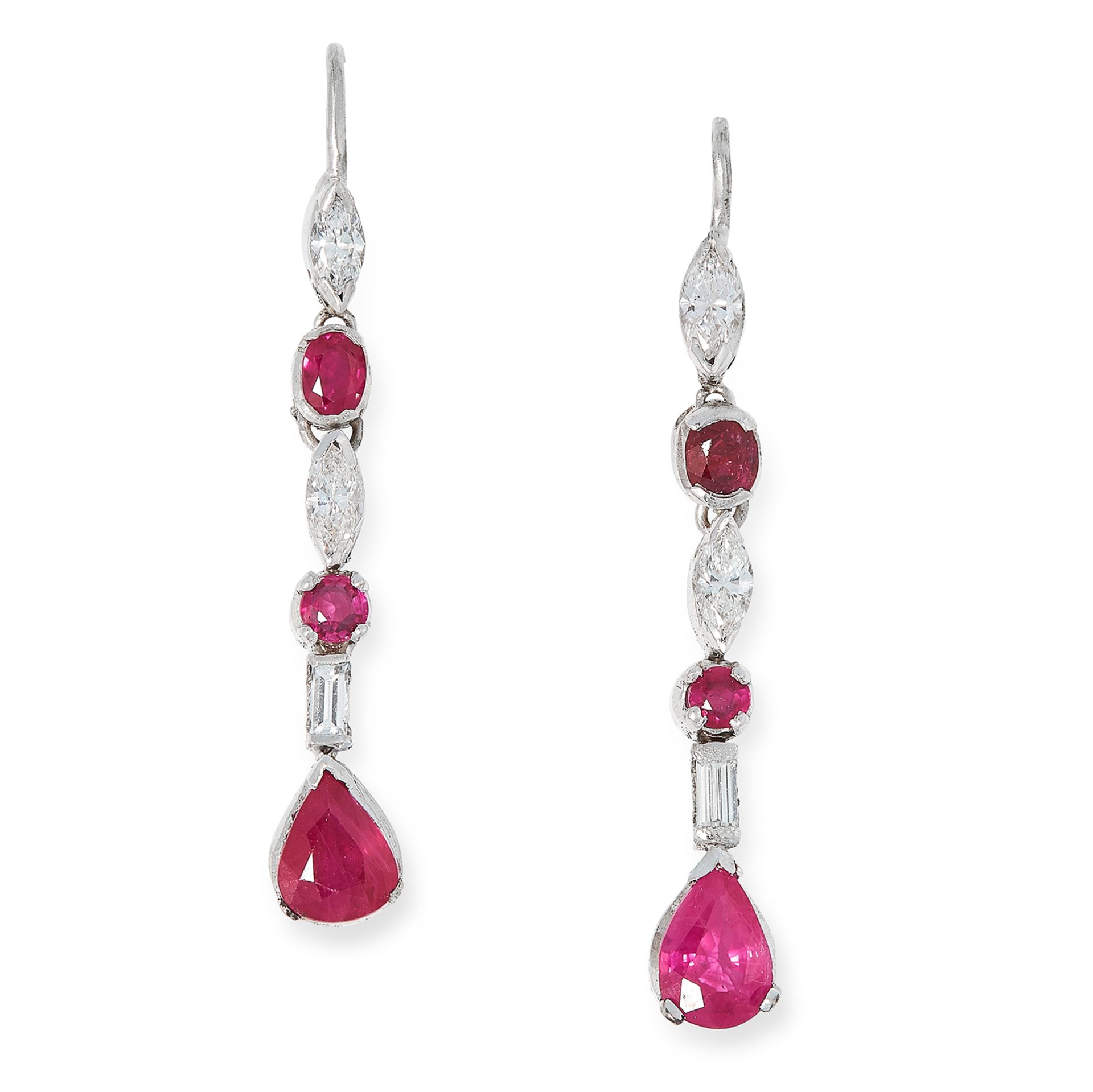 BURMA RUBY AND DIAMOND DROP EARRINGS set with alternating round and pear cut rubies and marquise and