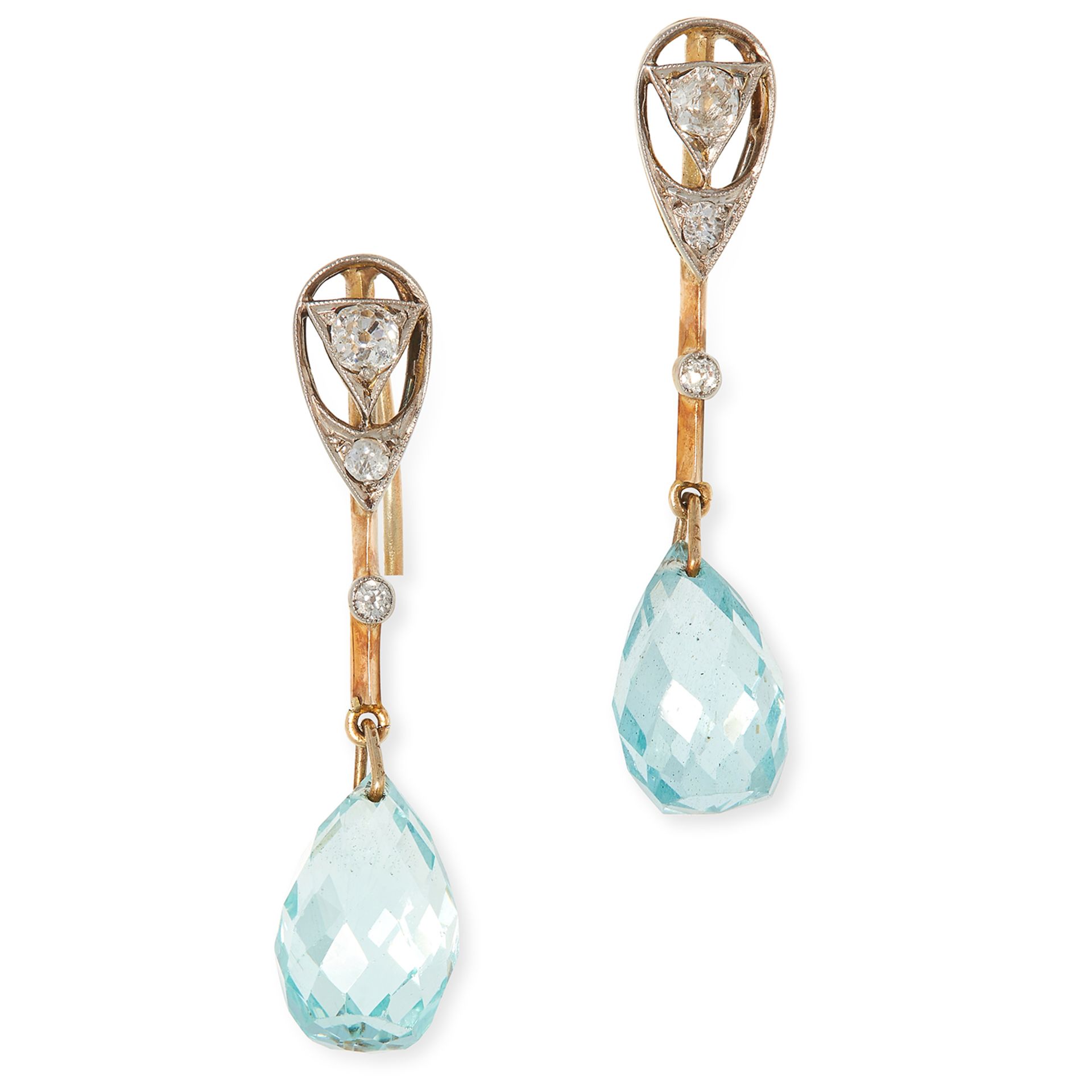 AQUAMARINE AND DIAMOND EARRINGS each set with a row of old cut diamonds suspending an aquamarine