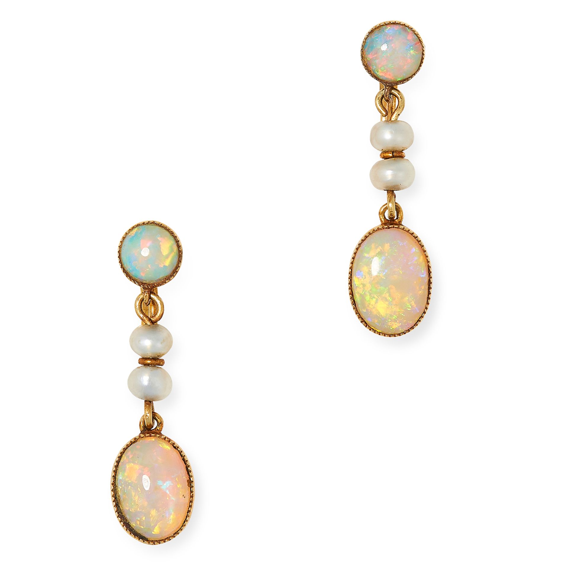 ANTIQUE OPAL AND PEARL EARRINGS set with cabochon opals and pearls, 2.4cm, 2.2g.