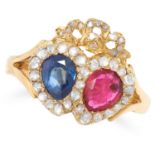 SAPPHIRE, RUBY AND DIAMOND SWEETHEART RING set with a cushion cut sapphire and ruby in a border of