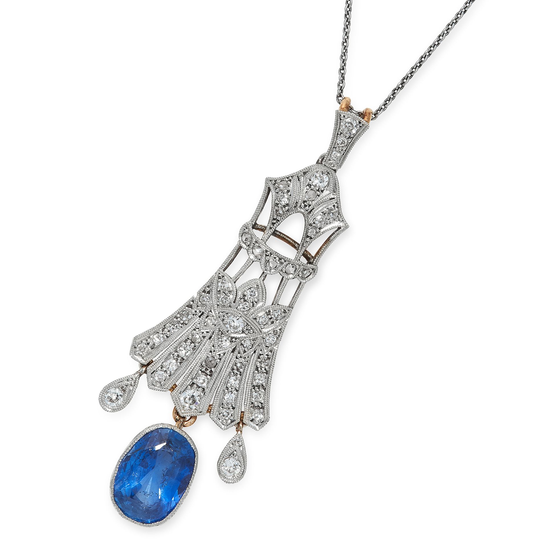 3.81 CARAT CEYLON NO HEAT SAPPHIRE AND DIAMOND PENDANT set with round cut diamonds, suspending an