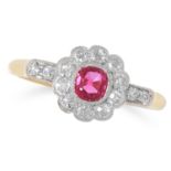 RUBY AND DIAMOND CLUSTER RING set with a cushion cut ruby in a border of round cut diamonds, size