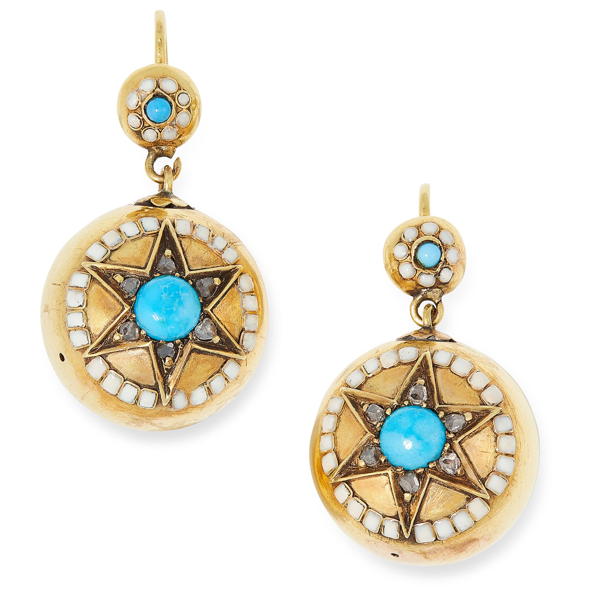 ANTIQUE TURQUOISE, ENAMEL AND DIAMOND EARRINGS set with cabochon turquoise, rose cut diamonds and