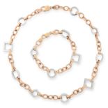 FANCY LINK BRACELET AND NECKLACE SUITE comprising of alternating circular and square links, bracelet