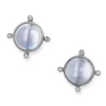 MOONSTONE AND DIAMOND EARRINGS each set with a cabochon moonstone and round cut diamonds, 3.8g.