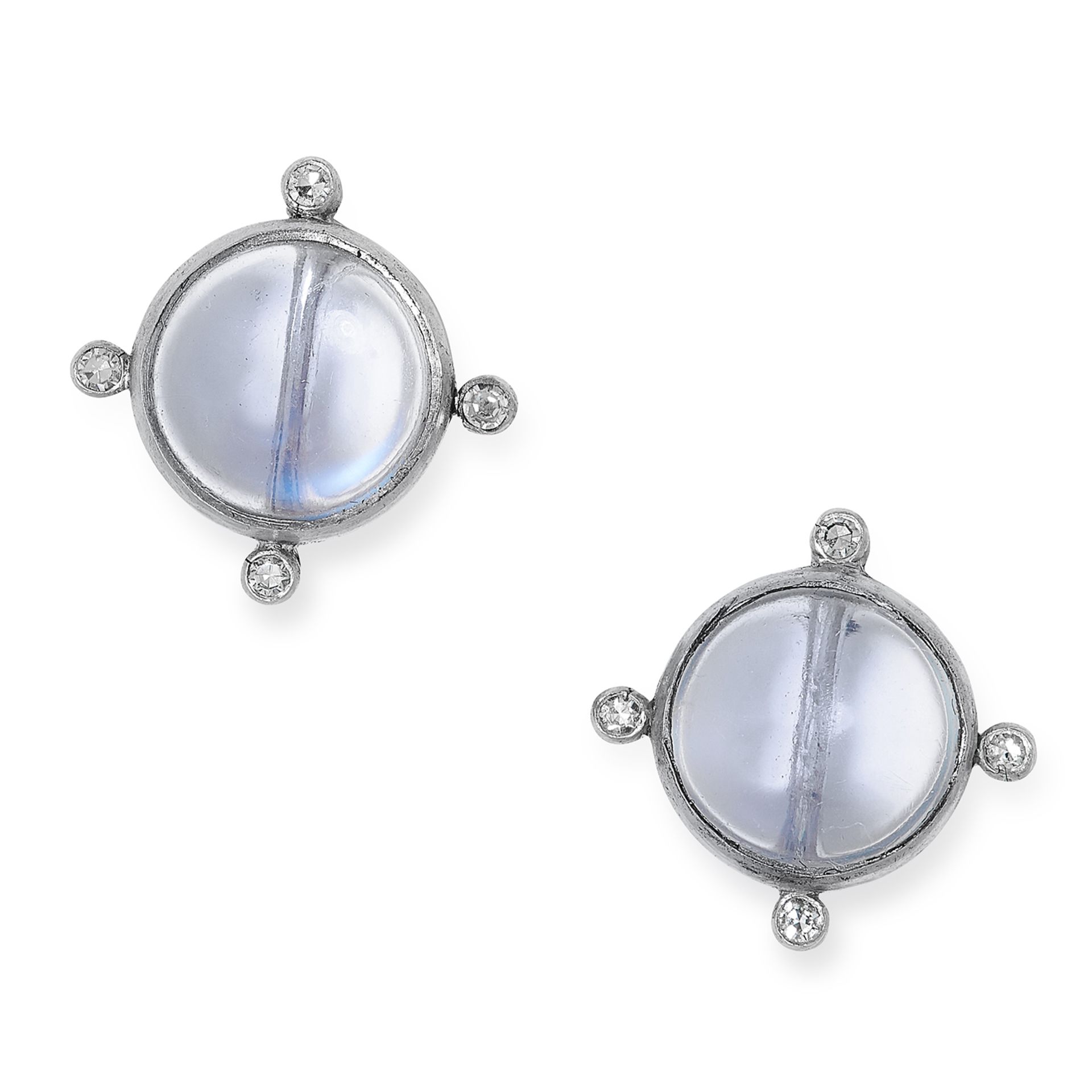 MOONSTONE AND DIAMOND EARRINGS each set with a cabochon moonstone and round cut diamonds, 3.8g.