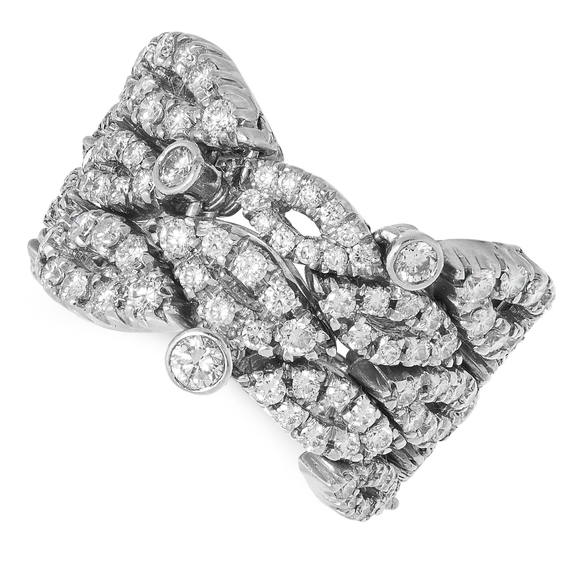 A DIAMOND RING comprising of an articulated body set with round cut diamonds, size K / 5, 12g.