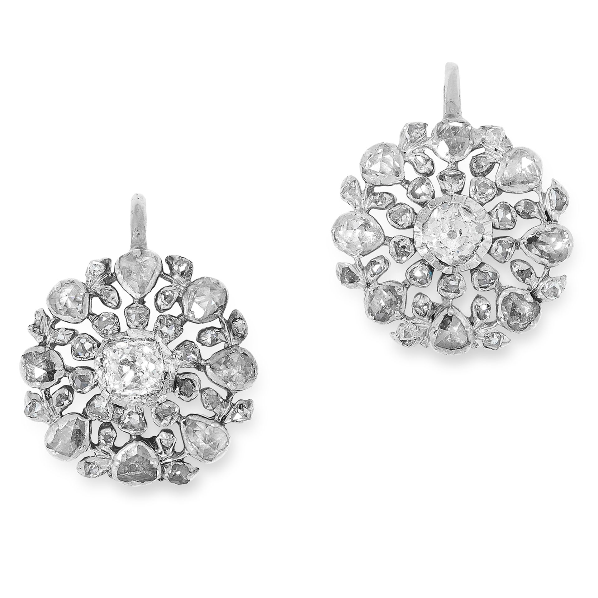 DIAMOND CLUSTER EARRINGS each set with old and rose cut diamonds, 1.8cm, 4.2g.