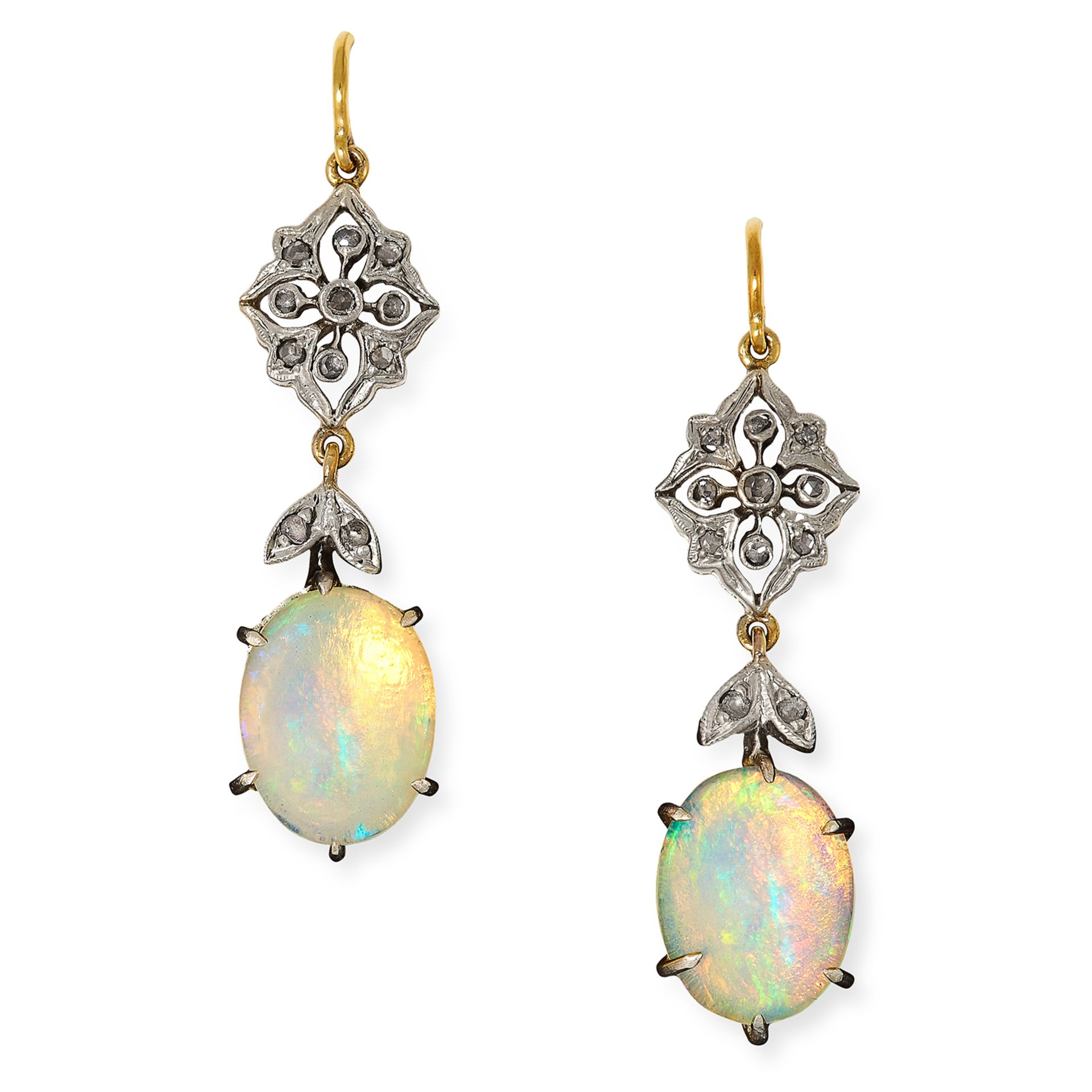 OPAL AND DIAMOND EARRINGS each set with rose cut diamonds and suspending a cabochon opal, 3.7cm, 3.
